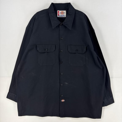 古着 ディッキーズ Dickies 半袖シャツ ワンポイント ロゴ ワーク 作業着 胸ポケット 大きいサイズ 無地 2XL ブラック メンズ
