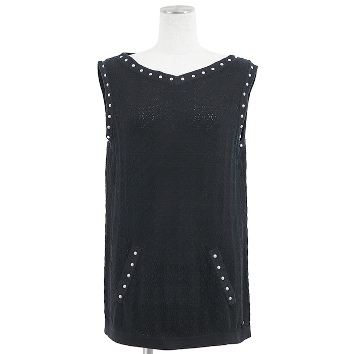 CHANEL シャネル ニット サイズ 40 レディース P53687 COCOマーク チャーム フェイクパール コットン100% ノースリーブ トップス ブラック 黒 イタリア製 カール・ラガーフェルド期