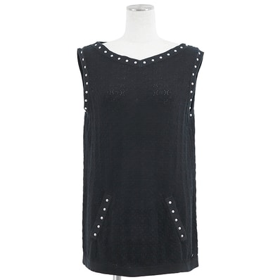CHANEL シャネル ニット サイズ 40 レディース P53687 COCOマーク チャーム フェイクパール コットン100% ノースリーブ トップス ブラック 黒 イタリア製 カール・ラガーフェルド期