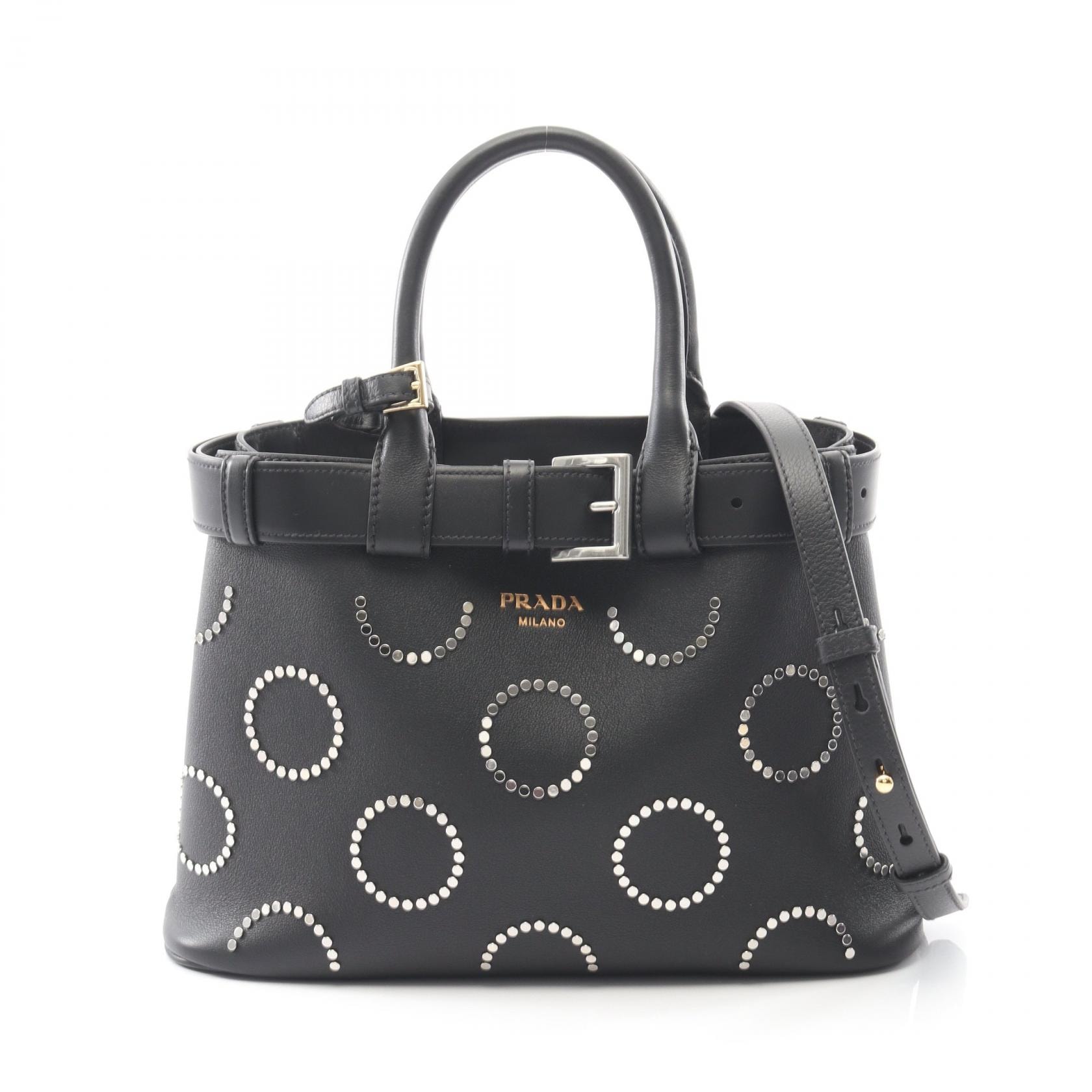 プラダ PRADA SOFT GRAIN VITE バックル トートバッグ バッグ レザー レディース ブラック系 1BA434 【中古】