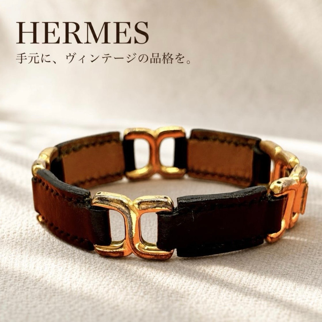 エルメス HERMES Hロゴ ブレスレット レザー ゴールド 金具 ブラック 黒 ヴィンテージ オールド レア 希少 腕輪 バングル アクセサリー ジュエリー ハイブランド メンズ レディース ユニセックス ギフト プレゼント