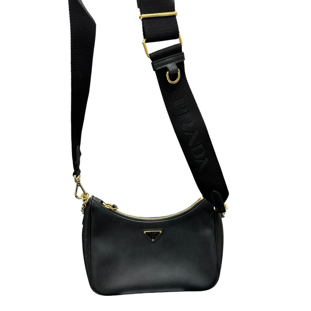 美品 PRADA プラダ サフィアーノ Re-Edition2005 ブラック ゴールド金具 レザー ショルダーバッグ S1-00217 【中古】