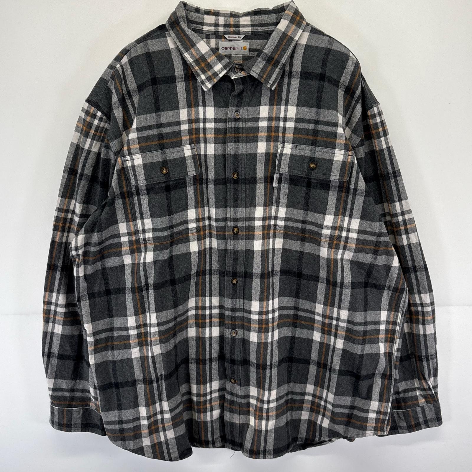 古着 カーハート Carhartt 長袖シャツ 胸ポケット 厚手 ヘビーネル 大きいサイズ 3XL  グレー系 チェック メンズ