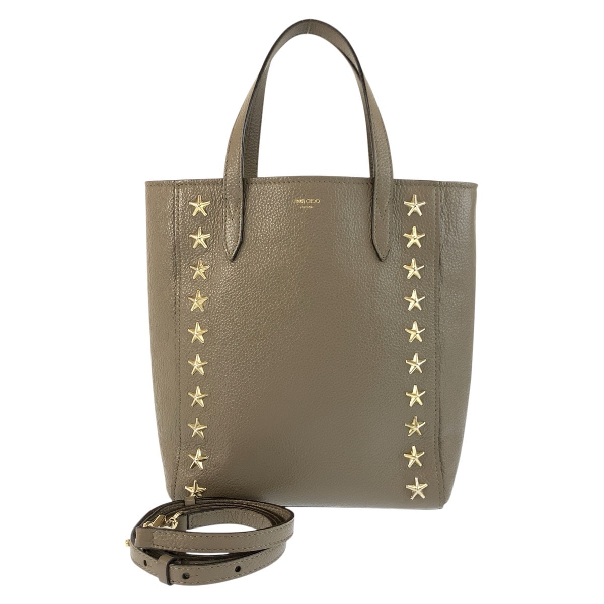 美品 JIMMY CHOO ジミーチュウ スタースタッズ ペガシ N/S グレージュ ゴールド金具 レザー トートバッグ ショルダーバッグ 2way 604091 【中古】