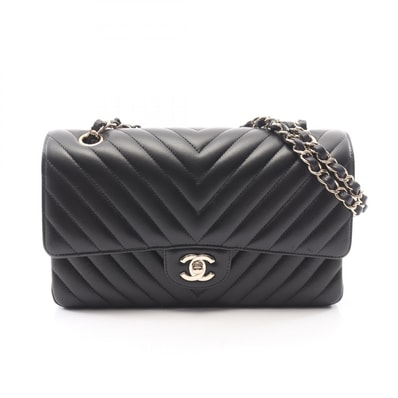 シャネル CHANEL シェブロン Vステッチ Wフラップ ショルダーバッグ バッグ ラムスキン(羊革) レディース ブラック系 【中古】