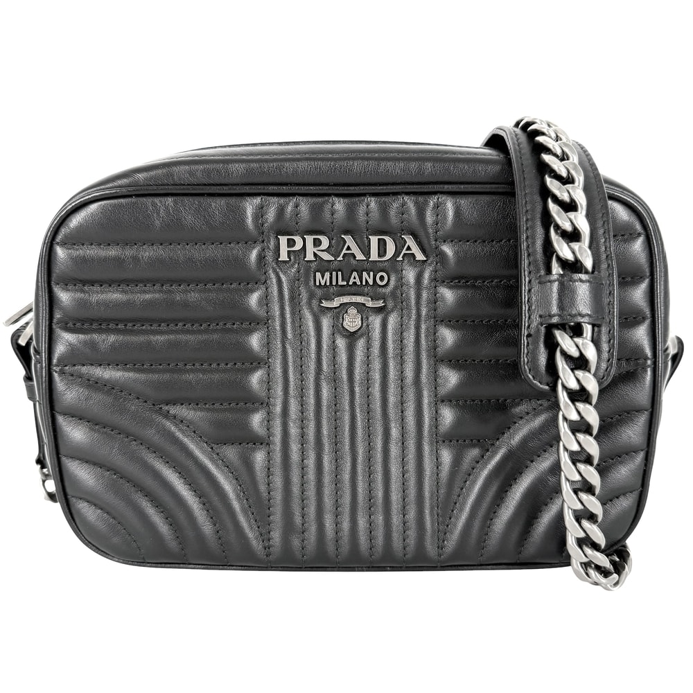 PRADA プラダ ショルダーバッグ ダイアグラム トライアングルロゴ 肩掛け 斜め掛け メンズ レディース 1BH083 レザー    ブラック 黒 シルバー金具 ユニセックス【中古品】