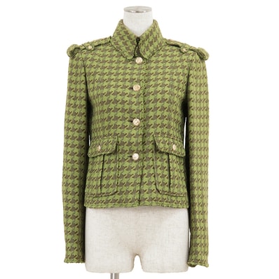 【極美品】CHANEL シャネル ツイード ジャケット 36 レディース P32181 2008年製 短丈 ハウンドトゥース 千鳥格子 エポレット ハサミ ココマーク ロゴ ボタン シルク/リネン/コットン ヴィンテージライク アウター 緑 ゴールド 仏製