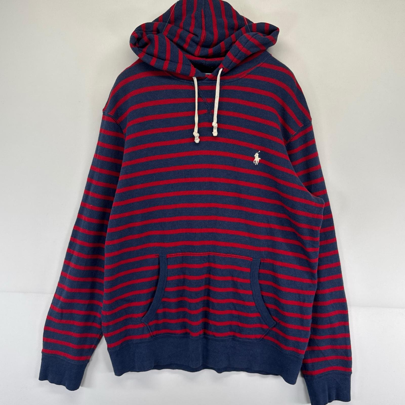 古着 ポロバイラルフローレン Polo by Ralph Lauren パーカー プルオーバー Vガゼット ワンポイントロゴ L  ネイビー系 ボーダー メンズ