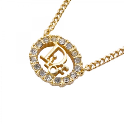 【6jdb0628】クリスチャンディオール ネックレス ディオールロゴ オーバル GPメッキ ラインストーン ゴールド【中古】レディース