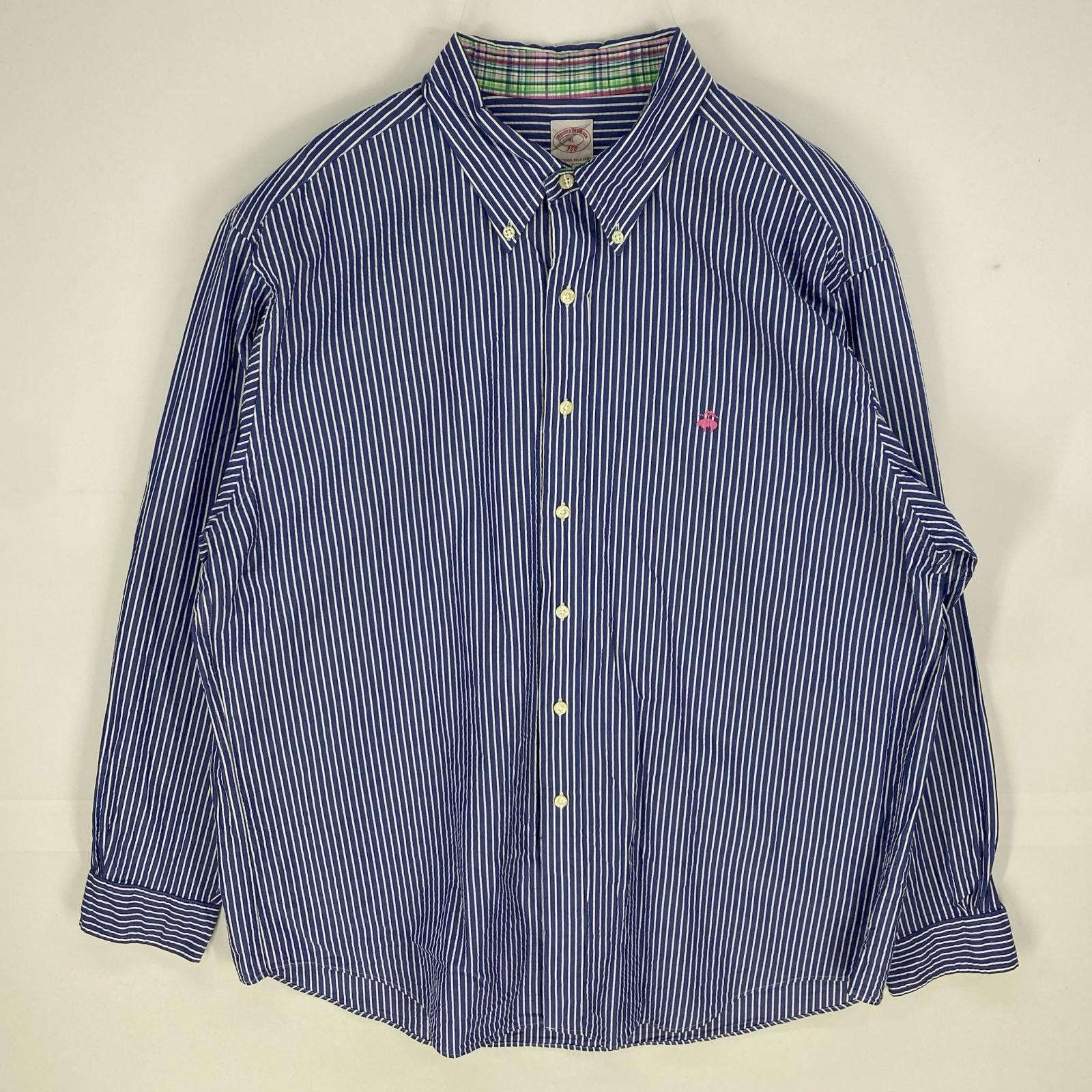 古着 ブルックスブラザーズ Brooks Brothers 長袖シャツ ボタンダウン ワンポイント ワッフル 346 XL  ブルー系 ストライプ メンズ