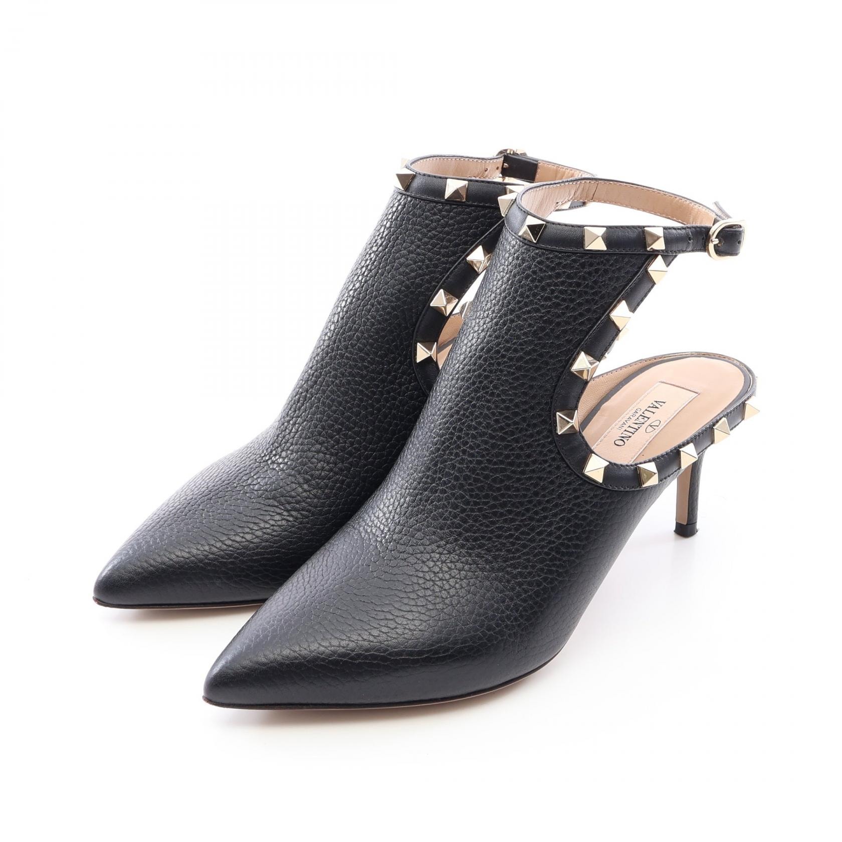 ヴァレンティノ・ガラヴァーニ Valentino Garavani ロックスタッズ ポインテッドトゥ オープンバック ブーティ 靴 レザー レディース ブラック系 【中古】