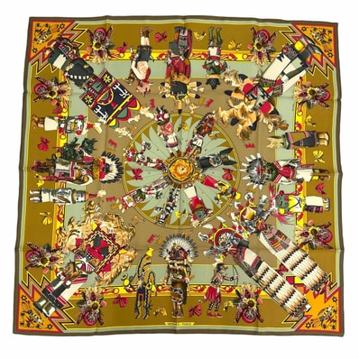 極美品 エルメス スカーフ Kachinas カチナ 民族 カレ90 ブラウン系