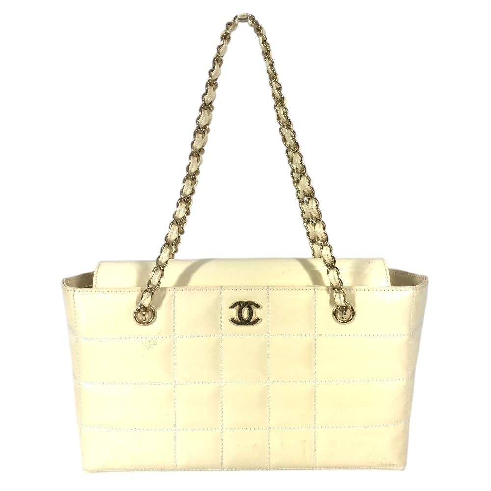 シャネル CHANEL CC ココマーク ロゴ チョコバー カバン Wチェーンバッグ チェーンバッグ 肩掛け ショルダーバッグ エナメル ホワイト