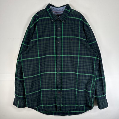 古着 トミーヒルフィガー TOMMY HILFIGER 長袖シャツ 大きいサイズ 肉厚 ロゴ 刺繍 ボタンダウン XL グリーン系 チェック メンズ