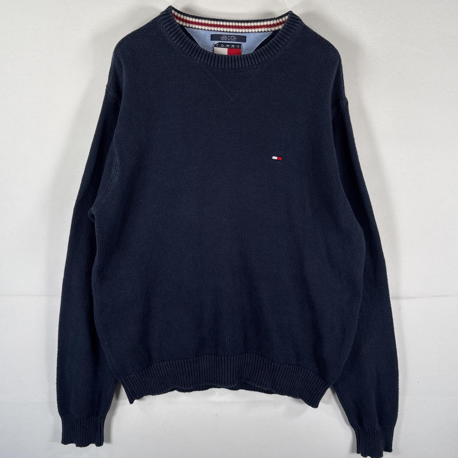 古着 00’s/00年代 トミーヒルフィガー TOMMY HILFIGER ニット セーター ワンポイントロゴ ロング丈 長丈 大きいサイズ L  ネイビー メンズ