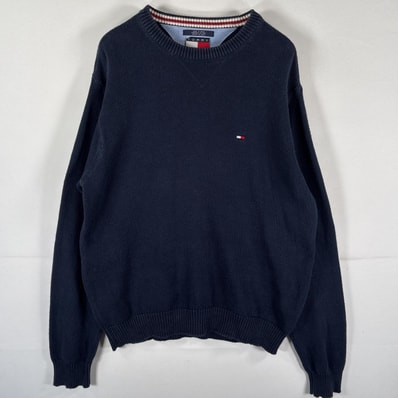 古着 00’s/00年代 トミーヒルフィガー TOMMY HILFIGER ニット セーター ワンポイントロゴ ロング丈 長丈 大きいサイズ L ネイビー メンズ