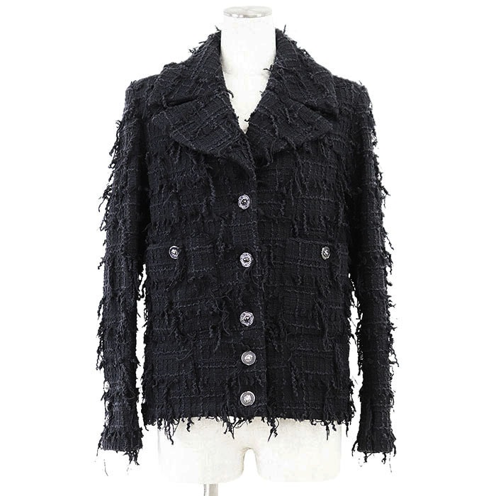 美品 シャネル P72388 ツイード  ライオンボタン LBD ジャケット レディース ダークネイビー ブラック 36 CHANEL