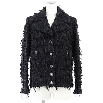 美品 シャネル P72388 ツイード ライオンボタン LBD ジャケット レディース ダークネイビー ブラック 36 CHANEL