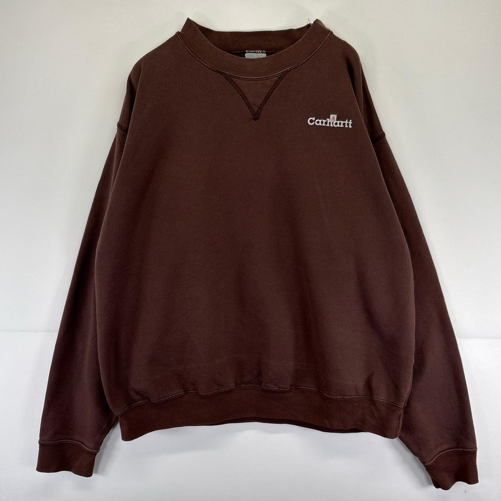 古着 カーハート Carhartt スウェット ロゴ刺繍 ワンポイント Vガゼット トレーナー ブラウン系 メンズ
