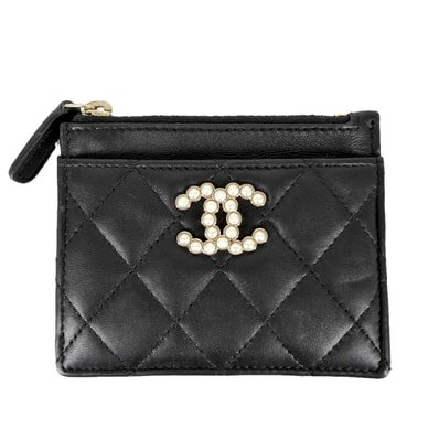 CHANEL シャネル コインケース マトラッセ ココマーク カードケース 水玉 ドット ラムスキン フェイクパール ブラック 黒 ゴールド金具 レディース【中古品】