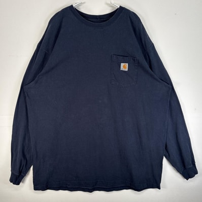 古着 カーハート Carhartt 長袖Tシャツ 大きいサイズ 肉厚 ワンポイント ロゴ 胸ポケ 2XL ネイビー 無地 メンズ