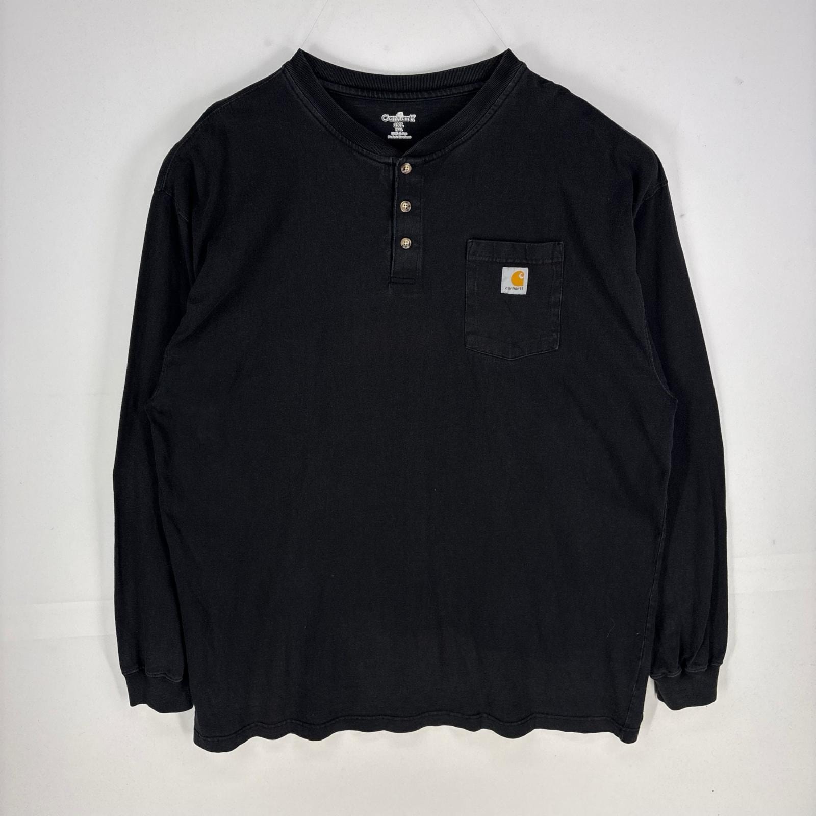 古着 カーハート Carhartt 長袖Tシャツ ヘンリーネック ワンポイント 胸ポケット ロングスリーブ 2XL ブラック系 メンズ