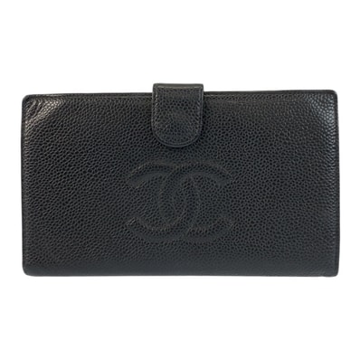 美品 CHANEL シャネル ヴィンテージ ココマーク ブラック 黒 ゴールド金具 キャビアスキン 折財布 がま口 コンパクトウォレット 505145 【中古】