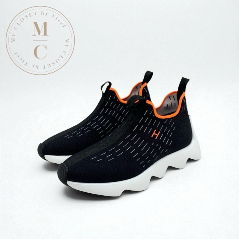 エルメス HERMES エクレール スニーカー 靴 シューズ ファブリック ブラック オレンジ 未使用 Hロゴ