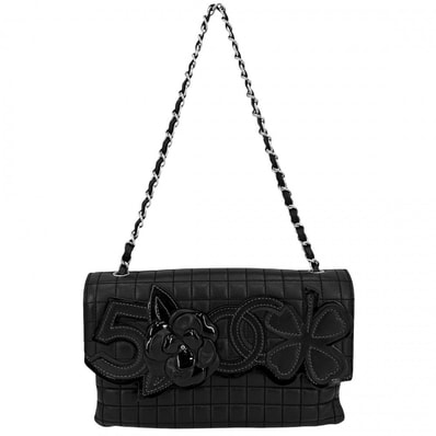 CHANEL シャネル ショルダーバッグ アイコン チョコバー ミニチェーンバッグ ココマーク カメリア ラムスキン ブラック 黒 シルバー金具 レディース【中古品】