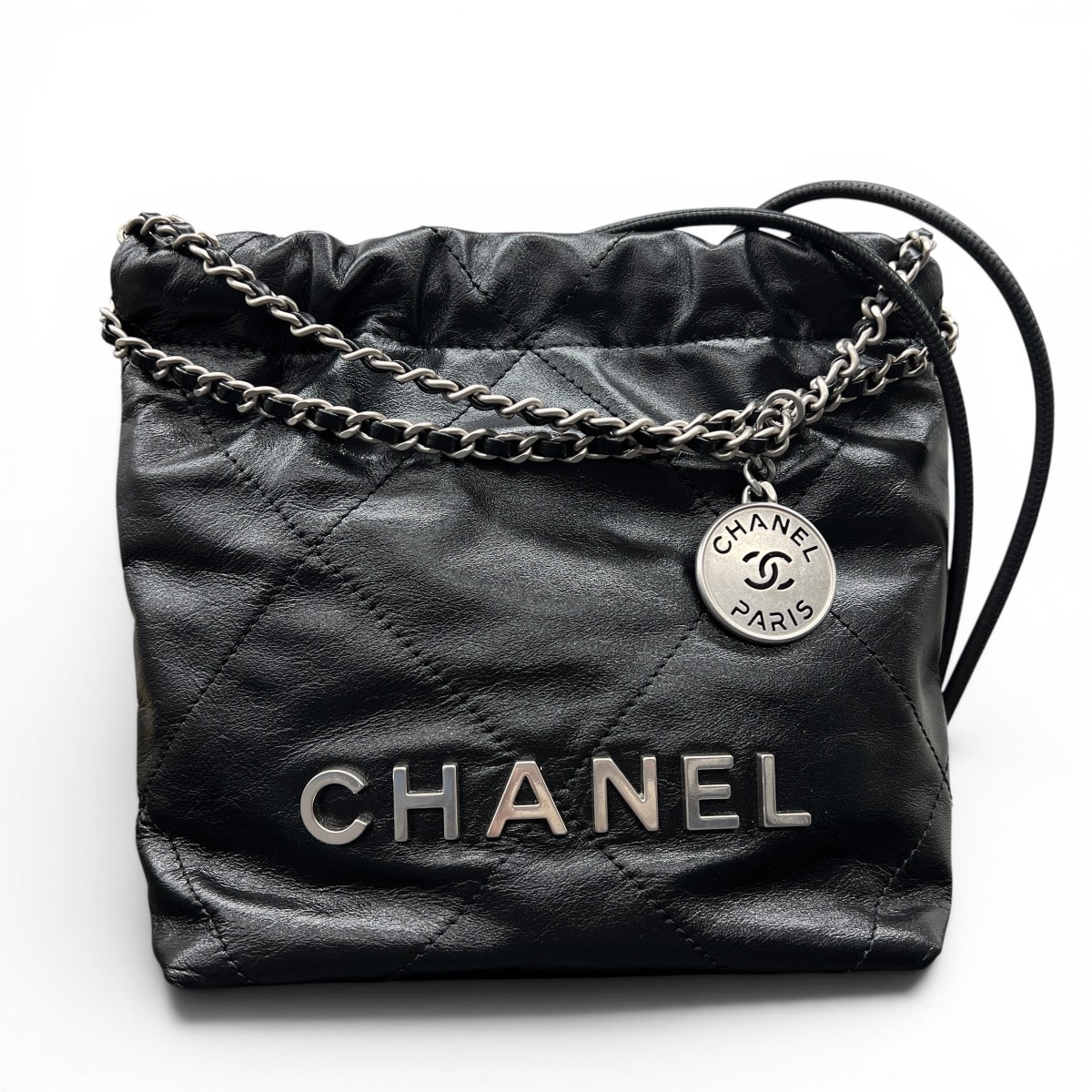 CHANEL 希少 展示品級 シャネル22 2way ミニハンドバッグ チェーンショルダーバッグ AS3980 カーフスキン レザー ブラック シルバー金具 ホーボーバッグ ポシェット 巾着 SAランク 鑑定済 中古 シャネルバッグ