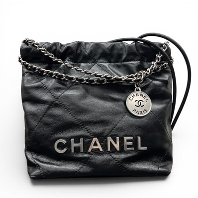 CHANEL 希少 展示品級 シャネル22 2way ミニハンドバッグ チェーンショルダーバッグ AS3980 カーフスキン レザー ブラック シルバー金具 ホーボーバッグ ポシェット 巾着 SAランク 鑑定済 中古 シャネルバッグ