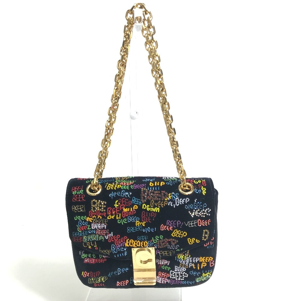 セリーヌ CELINE マルチビーズ スモールC カバン チェーンバッグ ショルダーバッグ スエード ブラック×マルチカラー 美品