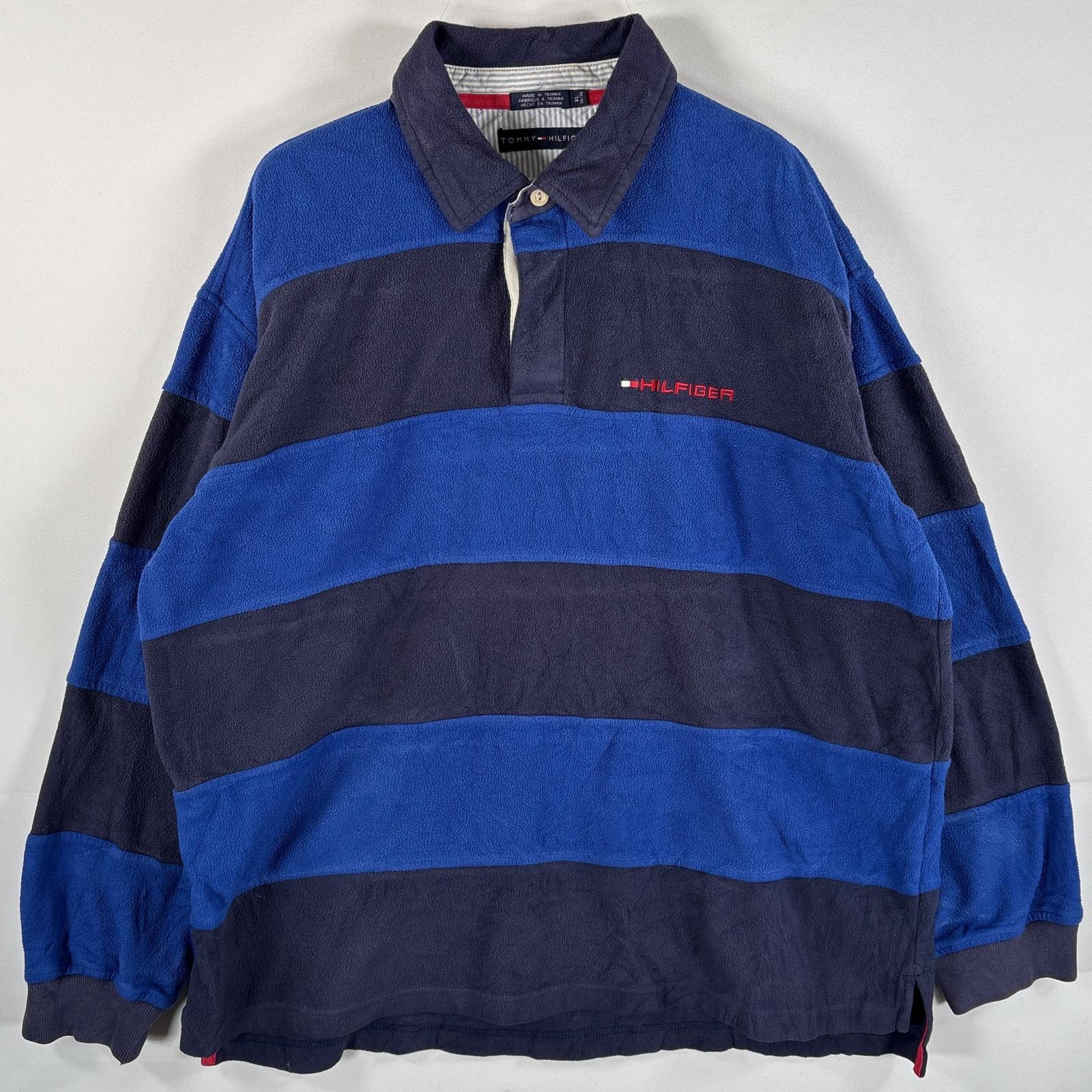 古着 トミーヒルフィガー TOMMY HILFIGER フリース 長袖 ラガーシャツ 大きいサイズ ワンポイントロゴ刺繍 XL ブルー ネイビー ボーダー メンズ