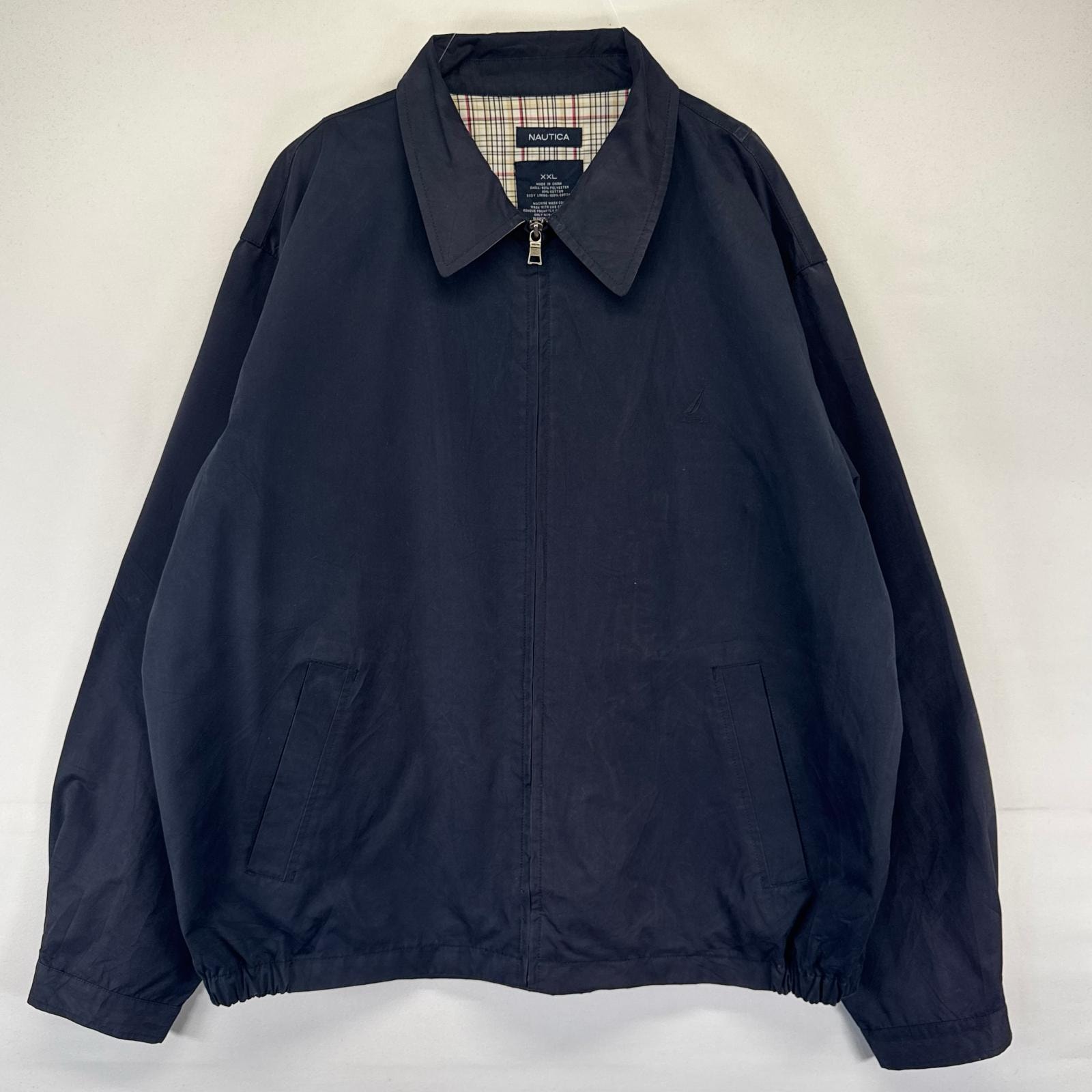 古着 ノーティカ NAUTICA ジャケット ワンポイント刺繍ロゴ フルジップ ブルゾン スウィングトップ 短丈 2XL  ネイビー系 メンズ