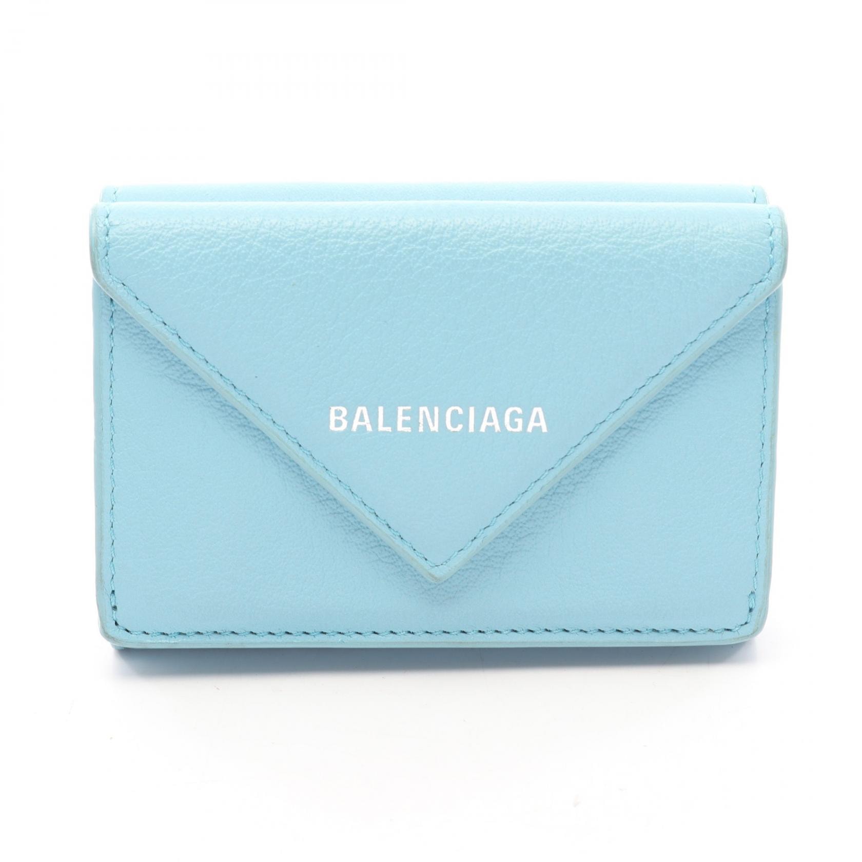 バレンシアガ BALENCIAGA ペーパーミニウォレット 三つ折り財布 財布 レザー レディース ブルー系 391446 【中古】