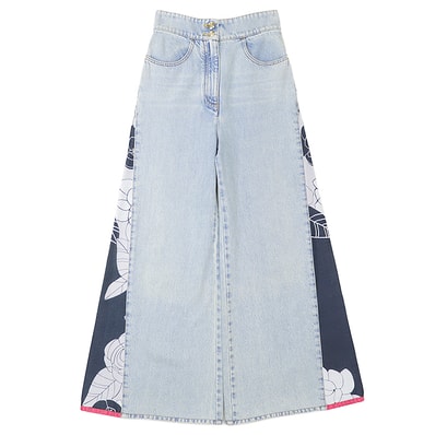 CHANEL シャネル デニムパンツ P70188 5P ハイウエスト バギー ワイドシルエット シグネチャー カメリア プリント 切替 ロゴ COCOマーク ゴールド ボタン ファスナー ボトムス レディース サイズ 36 ライトインディゴ イタリア製