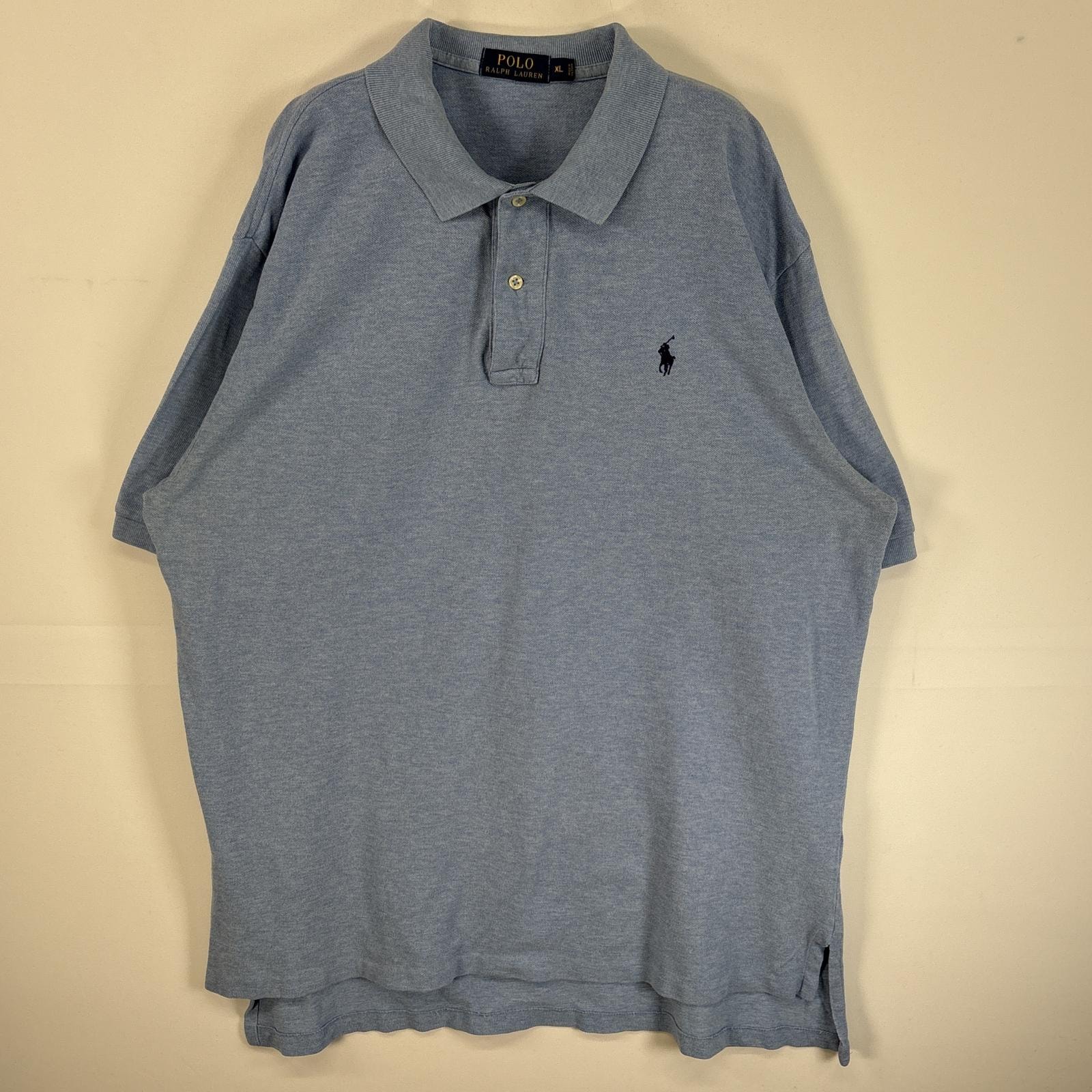 古着 ポロ・ラルフローレン POLO RALPH LAUREN 鹿の子 半袖 ポロシャツ ロゴ 刺繍 2ボタン 大きいサイズ XL  水色系 無地 メンズ