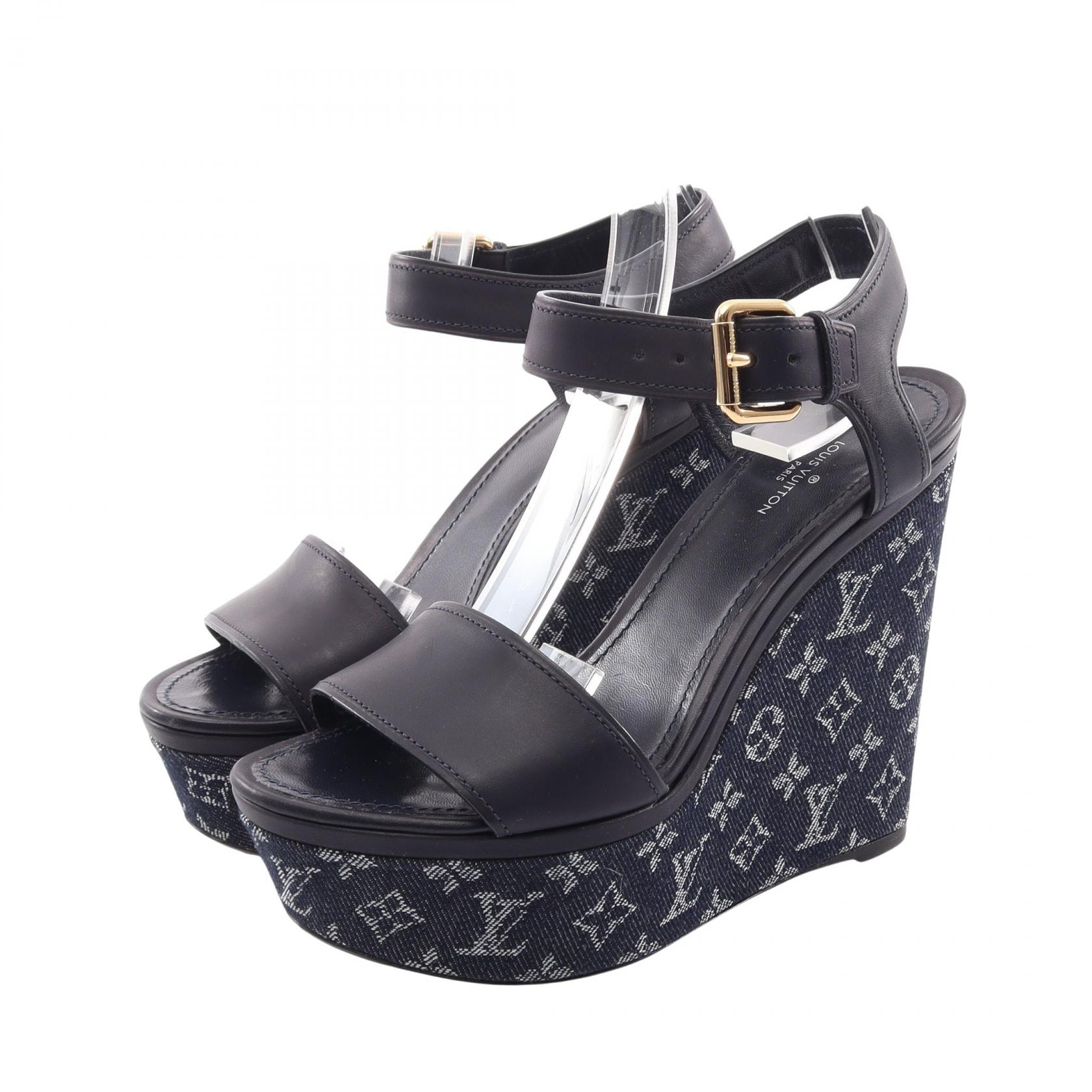 ルイ・ヴィトン LOUIS VUITTON モノグラム ウェッジソール サンダル 靴 レザー デニム レディース ネイビー系 【中古】