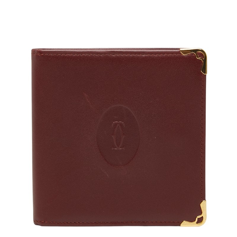 カルティエ マストライン 二つ折り財布 札入れ ワインレッド ボルドー レザー レディース CARTIER 【中古】