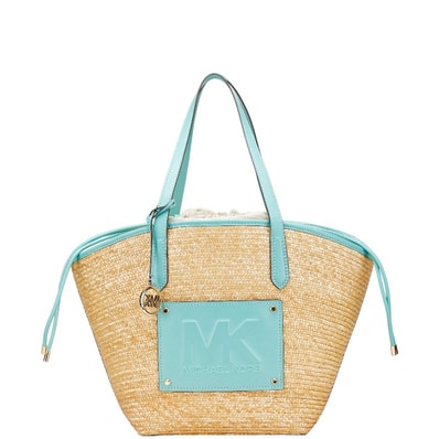 マイケルコース トートバッグ カゴバッグ ベージュ ライトブルー ストロー レザー レディース Michael Kors 中古