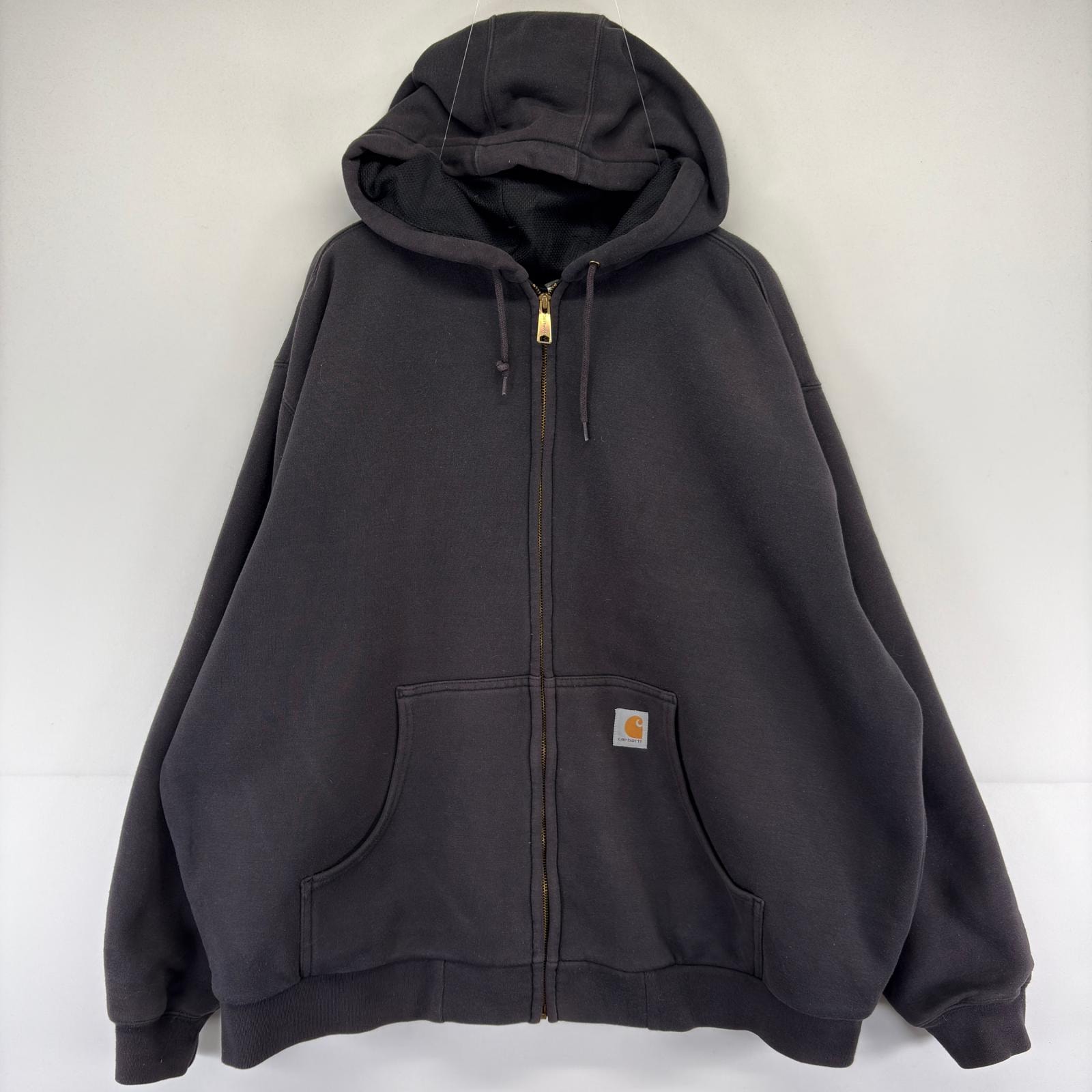 古着 カーハート Carhartt パーカー ロゴ 裏地メッシュ フーディ スウェット ダブルフェイス フルジップ 2XL  ブラック メンズ