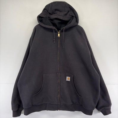 古着 カーハート Carhartt パーカー ロゴ 裏地メッシュ フーディ スウェット ダブルフェイス フルジップ 2XL ブラック メンズ
