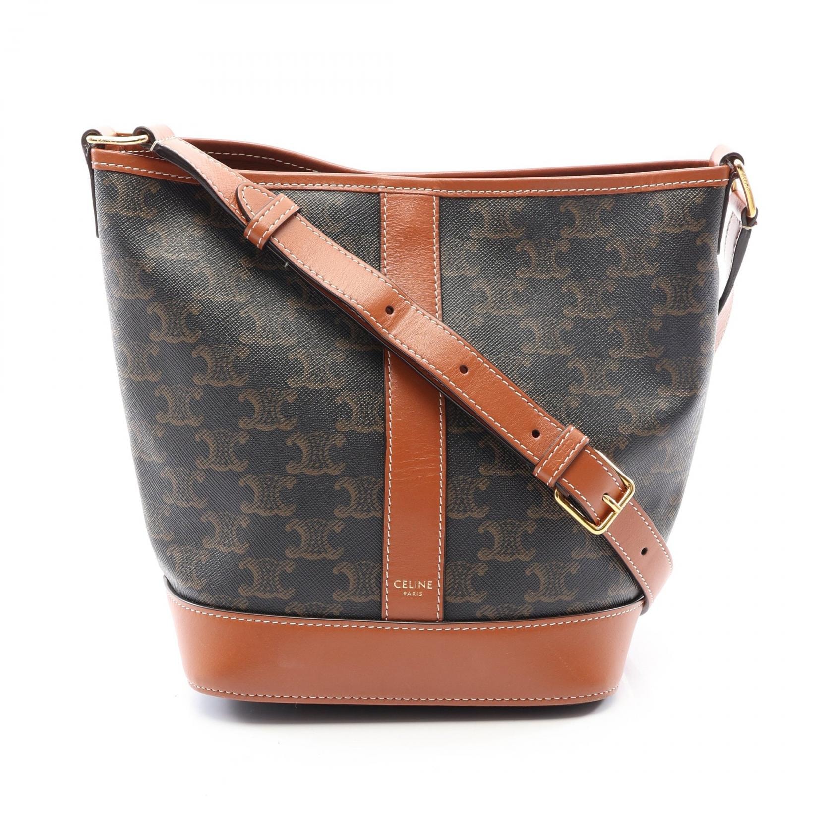 セリーヌ CELINE スモールバケット トリオンフ ショルダーバッグ バッグ PVCコーティングキャンバス レザー レディース ブラック系 / ブラウン系 【中古】