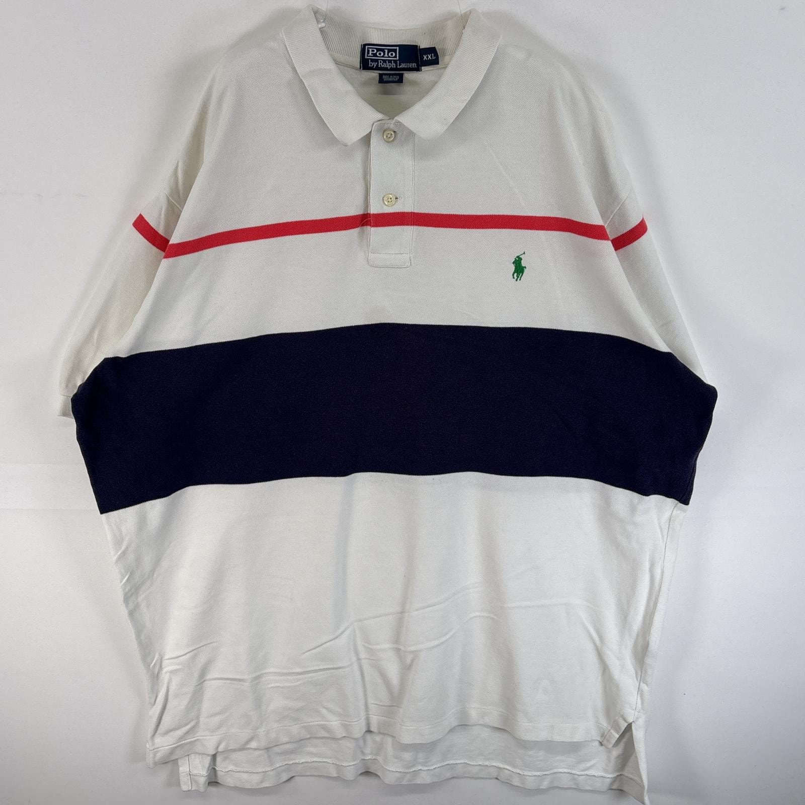 古着 90's/90年代 ポロバイラルフローレン Polo by Ralph Lauren 鹿の子 半袖 ポロシャツ ワンポイント ロゴ 刺繍 大きいサイズ 2ボタン 14041  ホワイト系 マルチカラー メンズ