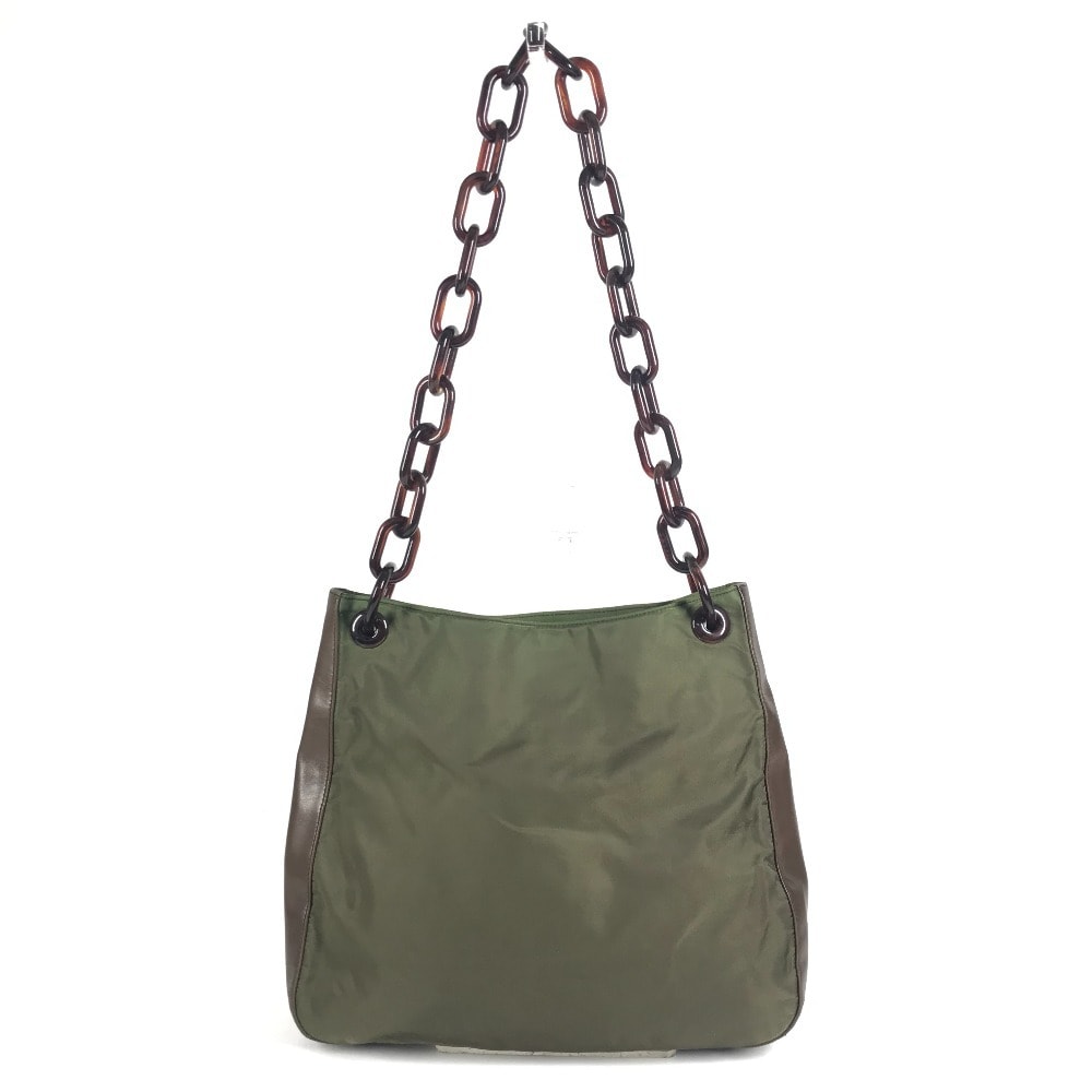 プラダ PRADA プラスチックチェーン カバン 肩掛け トートバッグ ショルダーバッグ レザー/ナイロン カーキ