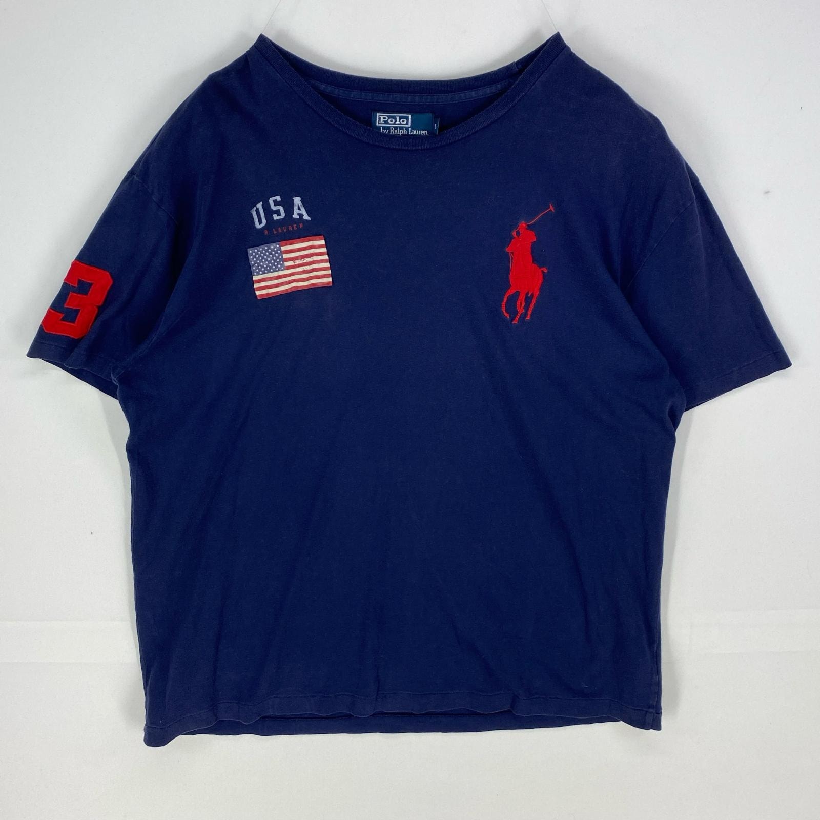古着 ポロバイラルフローレン Polo by Ralph Lauren 半袖Tシャツ ビッグポニー クルーネック 刺繍ロゴ L ネイビー系 メンズ