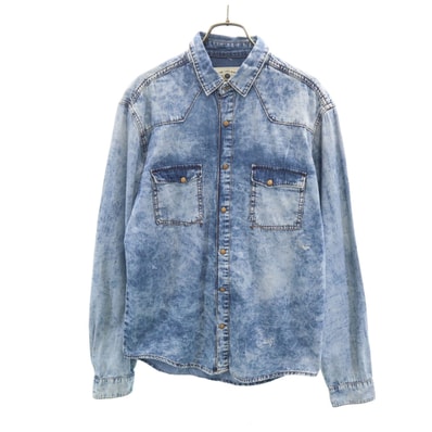 ZARA MAN ザラマン 長袖 クラッシュ加工 デニム シャンブレーシャツ M ブルー