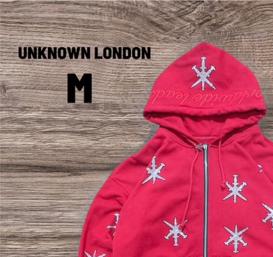 Unknown London Outline Dagger Rhinestone Red Hoodie "Red"
