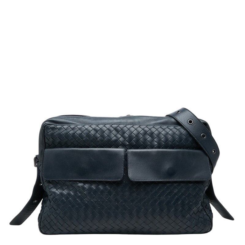 ボッテガヴェネタ イントレチャート 斜めかけ ショルダーバッグ ネイビー レザー メンズ BOTTEGAVENETA 【中古】