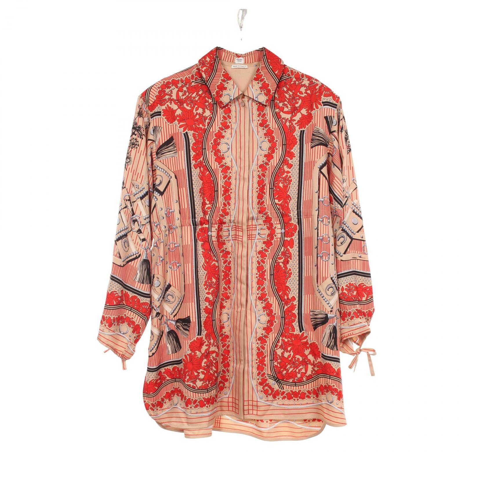 エルメス HERMES Aux Champs en Fleurs RayeH ドローストリング 衣料品 トップス シルク シルク ベージュ レディース ベージュ系 / レッド系 / ブラック系 【中古】